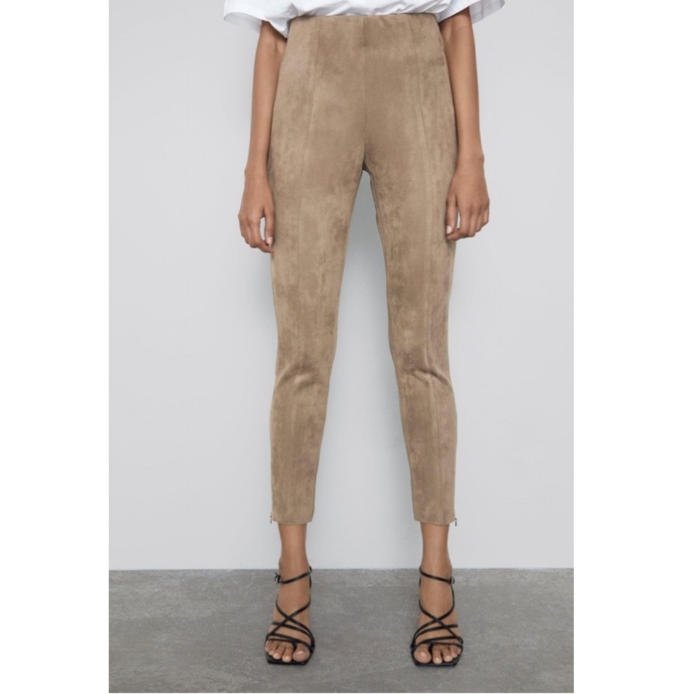 Zara High-Waisted Vegan Suede Slim Leg Tan Beige Pants Womens Medium EUC